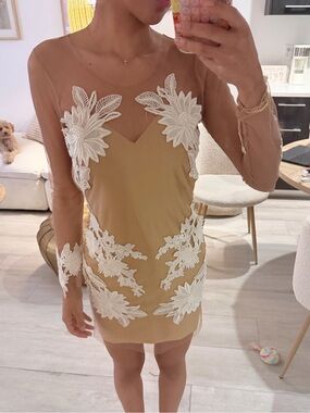 For Love And Lemons Beige Mini Dress with White Floral Appliqué